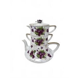 Vintage Lefton Porcelain Stacking Teapot with Violets Flawed